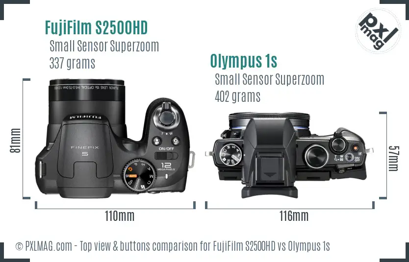 FujiFilm S2500HD vs Olympus 1s top view buttons comparison