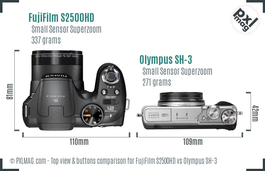 FujiFilm S2500HD vs Olympus SH-3 top view buttons comparison