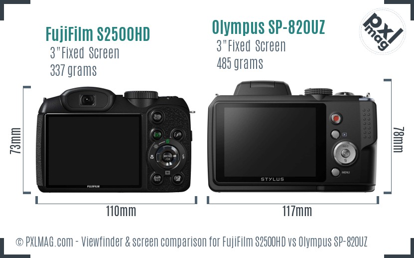 FujiFilm S2500HD vs Olympus SP-820UZ Screen and Viewfinder comparison