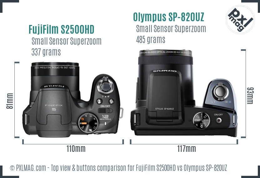 FujiFilm S2500HD vs Olympus SP-820UZ top view buttons comparison