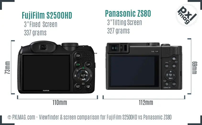 FujiFilm S2500HD vs Panasonic ZS80 Screen and Viewfinder comparison