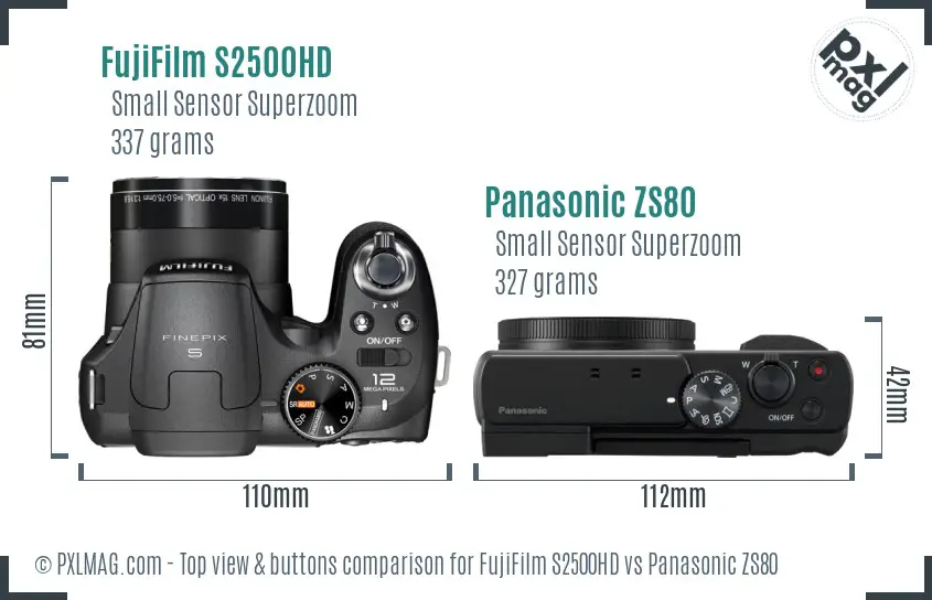 FujiFilm S2500HD vs Panasonic ZS80 top view buttons comparison