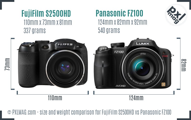 FujiFilm S2500HD vs Panasonic FZ100 size comparison