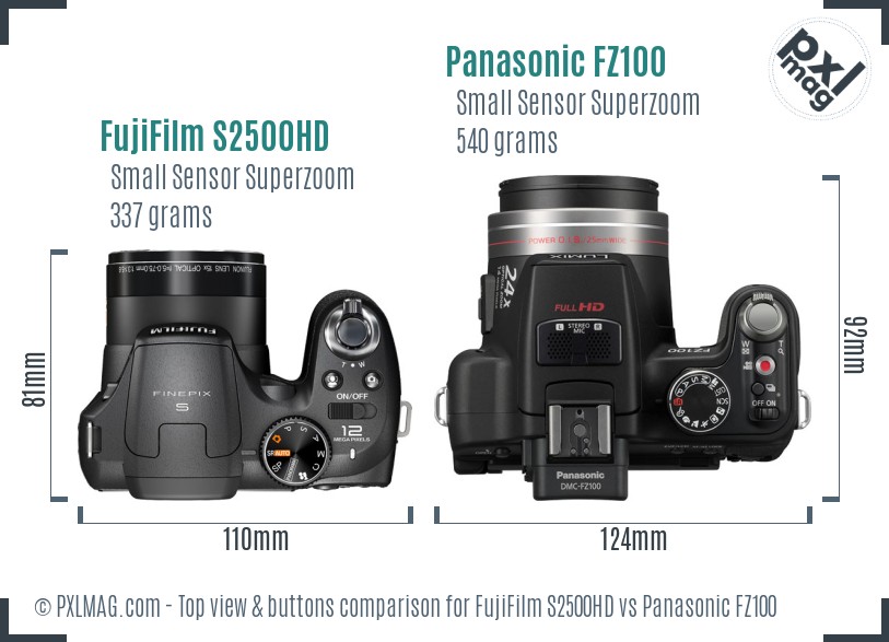FujiFilm S2500HD vs Panasonic FZ100 top view buttons comparison