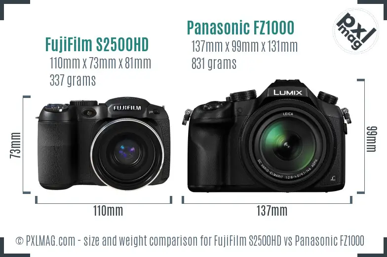 FujiFilm S2500HD vs Panasonic FZ1000 size comparison