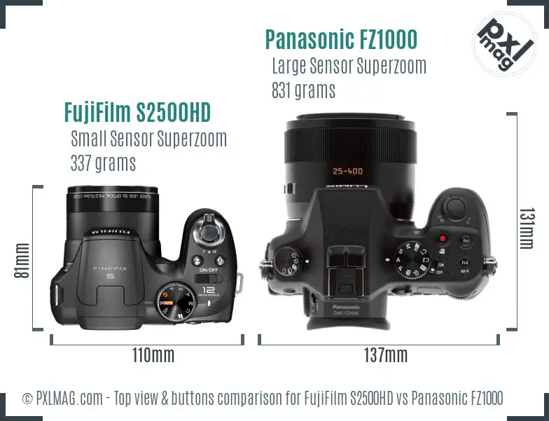 FujiFilm S2500HD vs Panasonic FZ1000 top view buttons comparison
