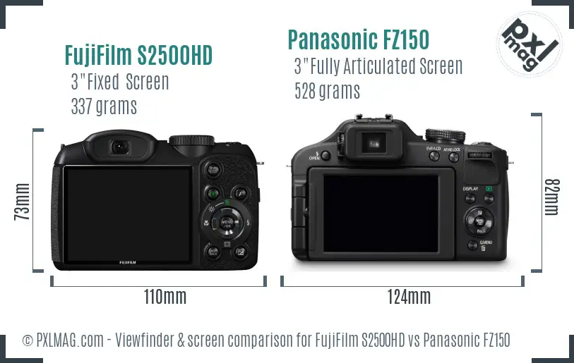 FujiFilm S2500HD vs Panasonic FZ150 Screen and Viewfinder comparison