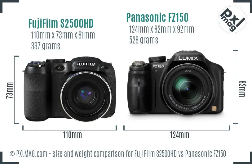FujiFilm S2500HD vs Panasonic FZ150 size comparison FujiFilm S2500HD vs Panasonic FZ150 size comparison