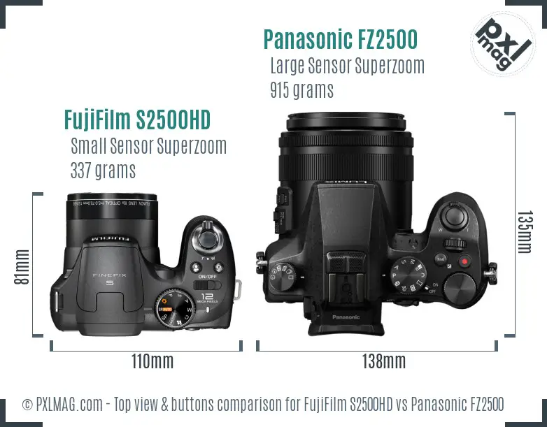 FujiFilm S2500HD vs Panasonic FZ2500 top view buttons comparison