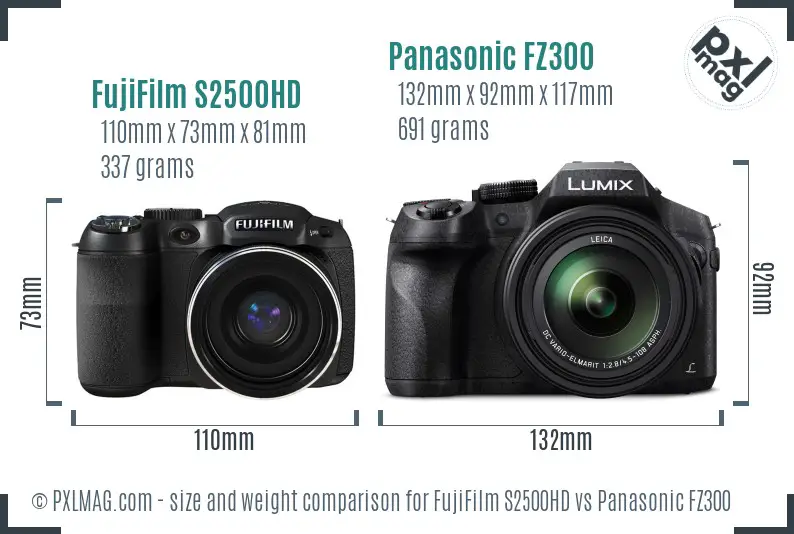 FujiFilm S2500HD vs Panasonic FZ300 size comparison