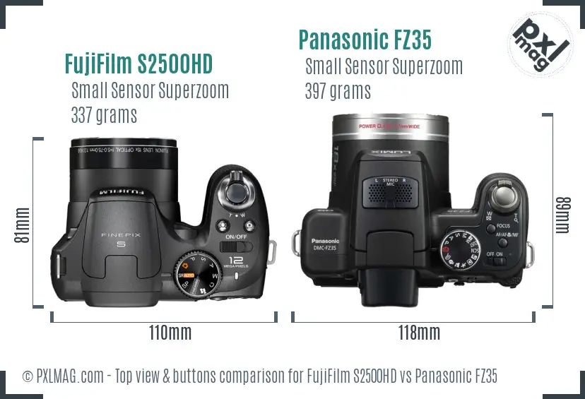 FujiFilm S2500HD vs Panasonic FZ35 top view buttons comparison