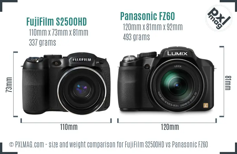 FujiFilm S2500HD vs Panasonic FZ60 size comparison