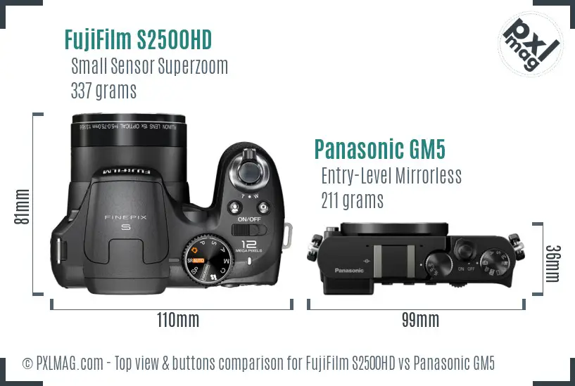 FujiFilm S2500HD vs Panasonic GM5 top view buttons comparison