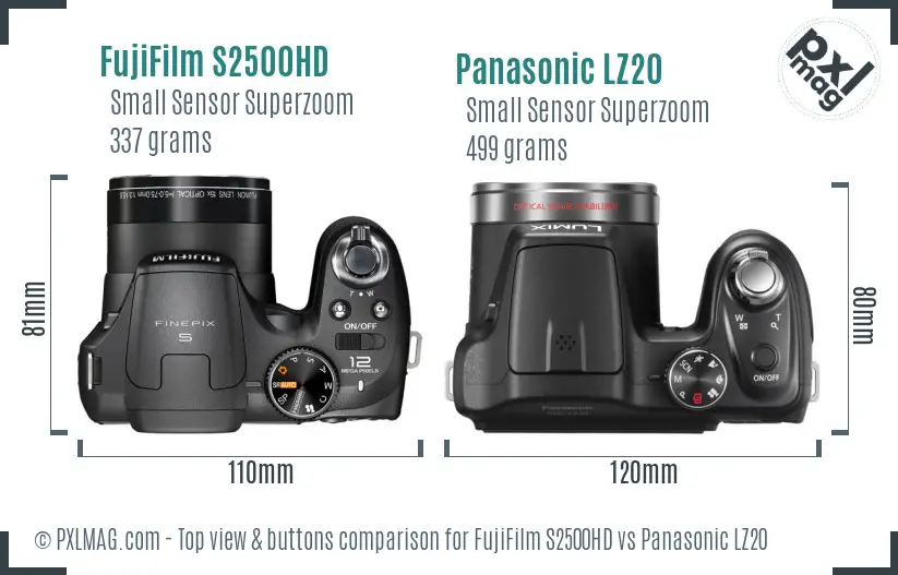 FujiFilm S2500HD vs Panasonic LZ20 top view buttons comparison