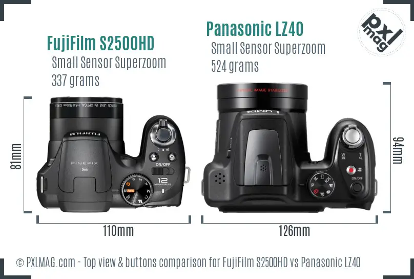 FujiFilm S2500HD vs Panasonic LZ40 top view buttons comparison FujiFilm S2500HD vs Panasonic LZ40 top view buttons comparison