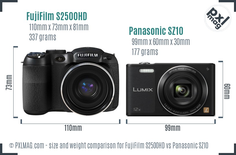FujiFilm S2500HD vs Panasonic SZ10 size comparison