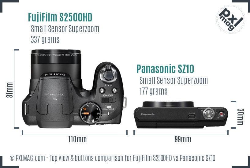 FujiFilm S2500HD vs Panasonic SZ10 top view buttons comparison