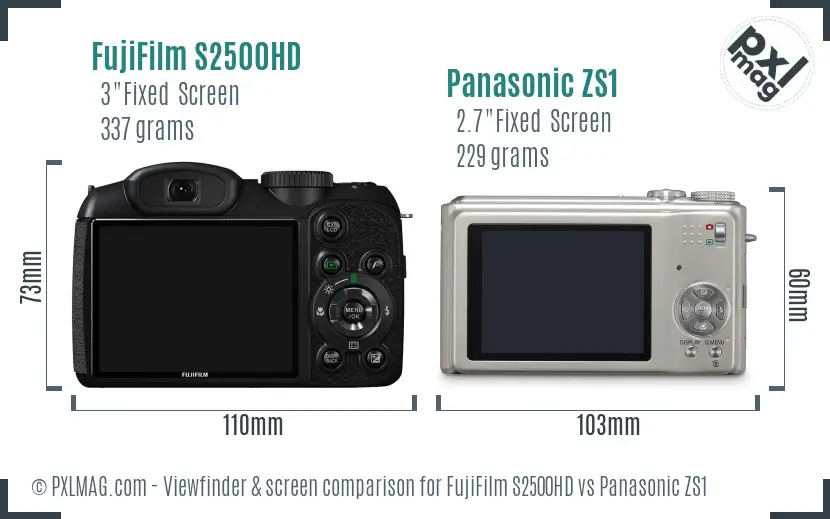 FujiFilm S2500HD vs Panasonic ZS1 Screen and Viewfinder comparison