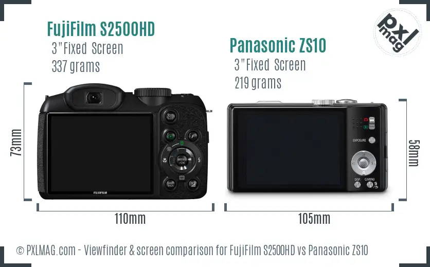 FujiFilm S2500HD vs Panasonic ZS10 Screen and Viewfinder comparison