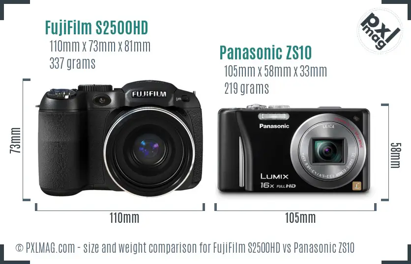 FujiFilm S2500HD vs Panasonic ZS10 size comparison