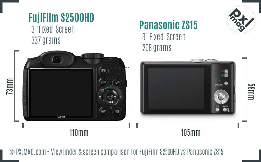 FujiFilm S2500HD vs Panasonic ZS15 Screen and Viewfinder comparison