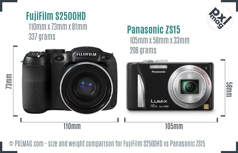 FujiFilm S2500HD vs Panasonic ZS15 size comparison