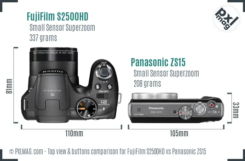 FujiFilm S2500HD vs Panasonic ZS15 top view buttons comparison