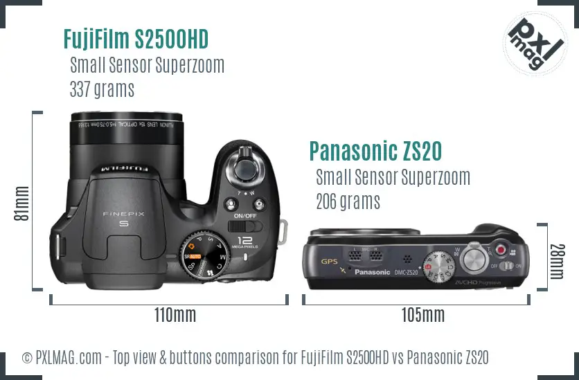 FujiFilm S2500HD vs Panasonic ZS20 top view buttons comparison FujiFilm S2500HD vs Panasonic ZS20 top view buttons comparison