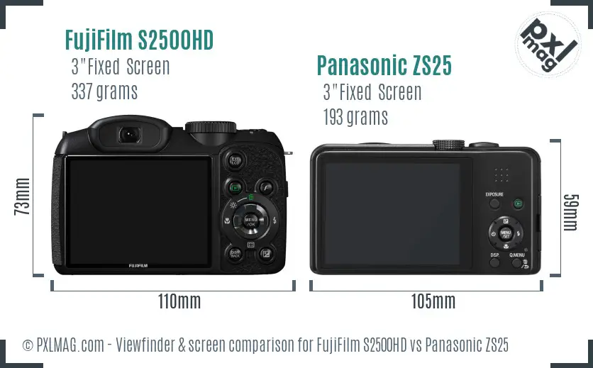 FujiFilm S2500HD vs Panasonic ZS25 Screen and Viewfinder comparison