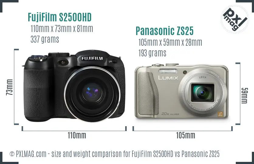 FujiFilm S2500HD vs Panasonic ZS25 size comparison