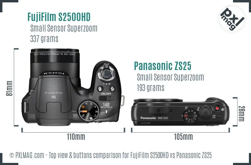 FujiFilm S2500HD vs Panasonic ZS25 top view buttons comparison