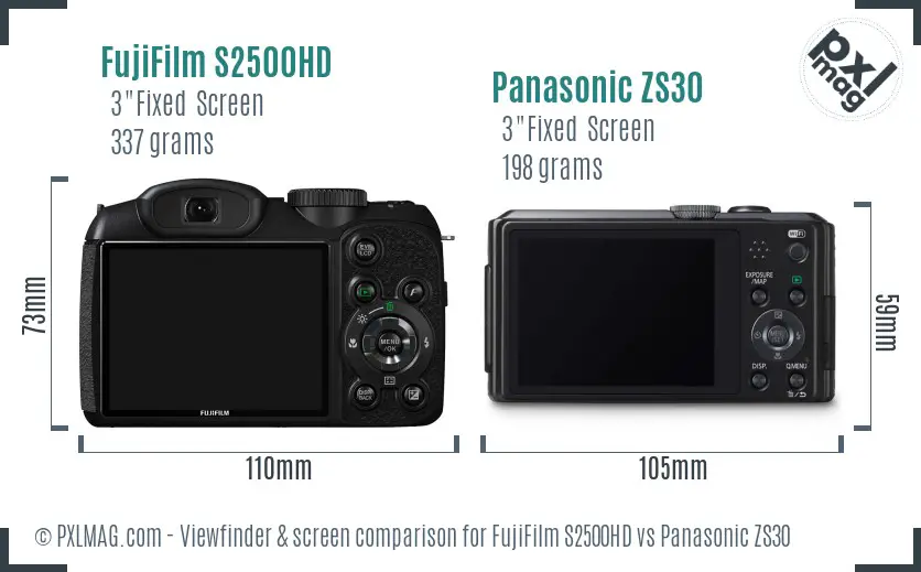 FujiFilm S2500HD vs Panasonic ZS30 Screen and Viewfinder comparison
