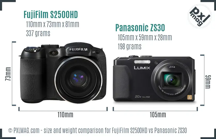 FujiFilm S2500HD vs Panasonic ZS30 size comparison