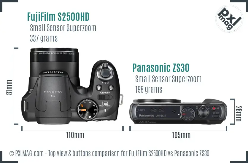 FujiFilm S2500HD vs Panasonic ZS30 top view buttons comparison