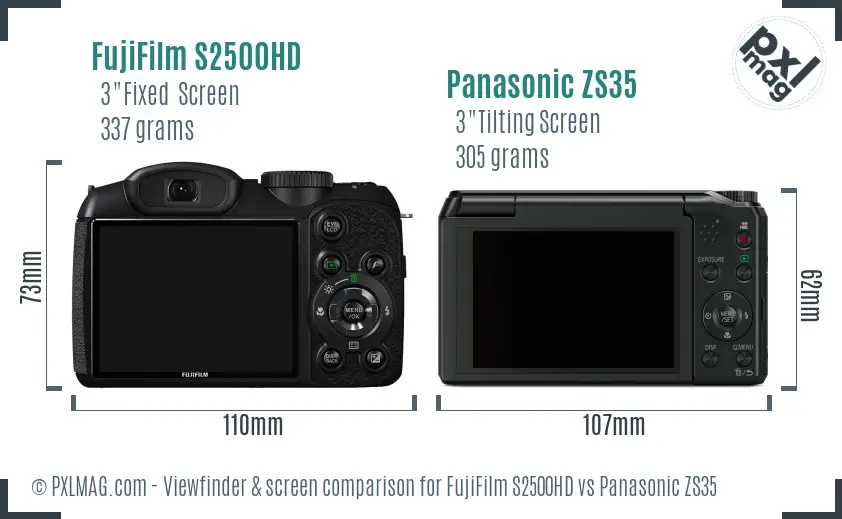 FujiFilm S2500HD vs Panasonic ZS35 Screen and Viewfinder comparison