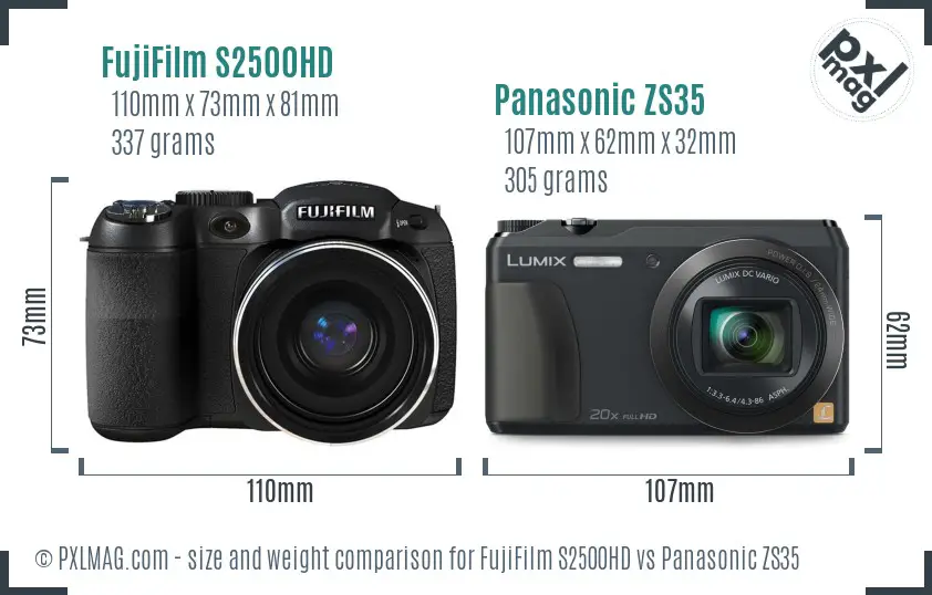 FujiFilm S2500HD vs Panasonic ZS35 size comparison