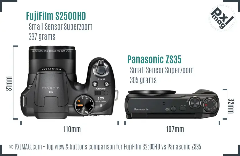 FujiFilm S2500HD vs Panasonic ZS35 top view buttons comparison