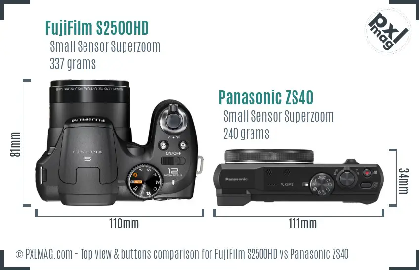 FujiFilm S2500HD vs Panasonic ZS40 top view buttons comparison