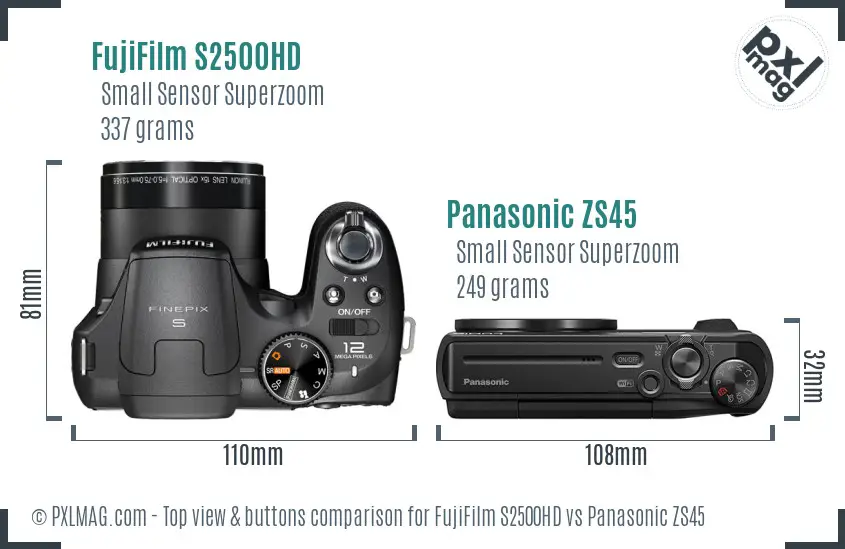 FujiFilm S2500HD vs Panasonic ZS45 top view buttons comparison FujiFilm S2500HD vs Panasonic ZS45 top view buttons comparison