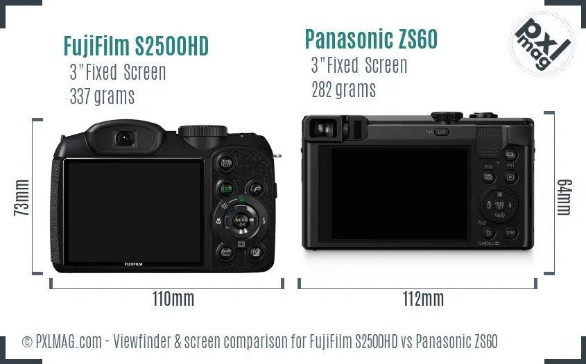 FujiFilm S2500HD vs Panasonic ZS60 Screen and Viewfinder comparison
