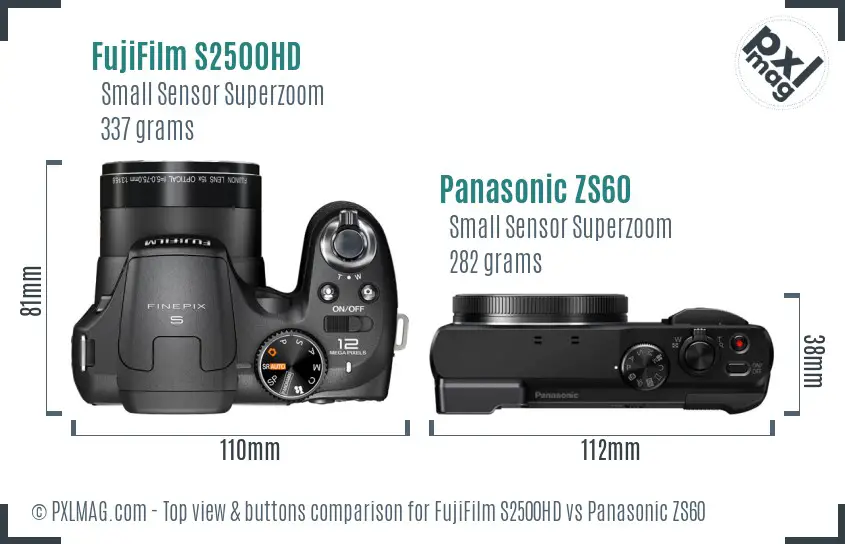 FujiFilm S2500HD vs Panasonic ZS60 top view buttons comparison