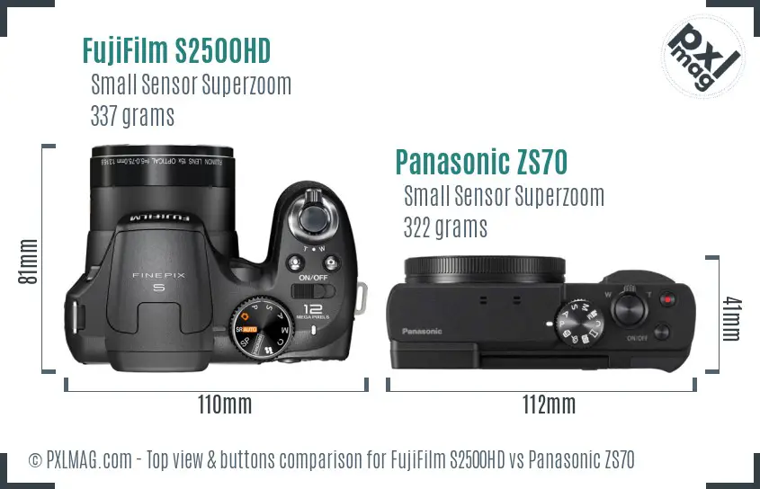 FujiFilm S2500HD vs Panasonic ZS70 top view buttons comparison