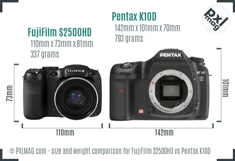 FujiFilm S2500HD vs Pentax K10D size comparison