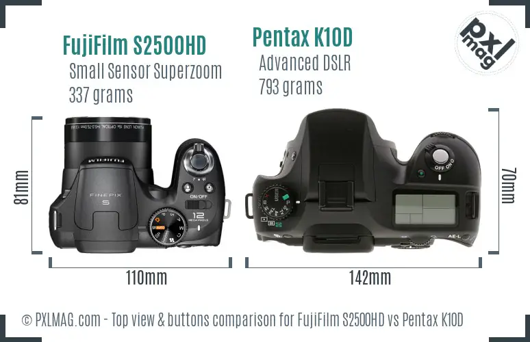 FujiFilm S2500HD vs Pentax K10D top view buttons comparison