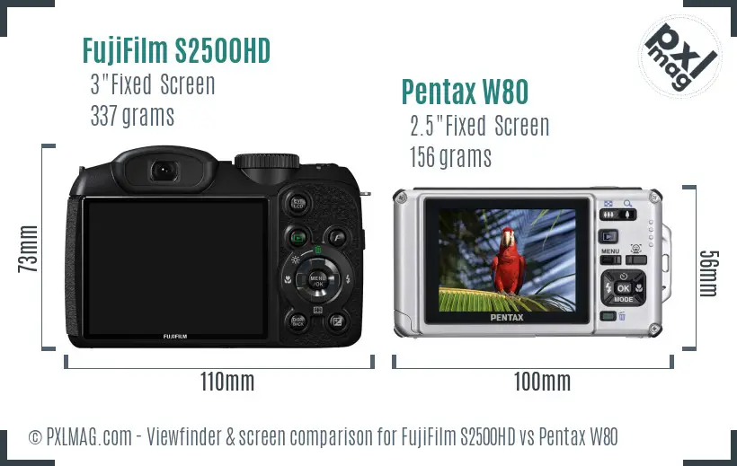 FujiFilm S2500HD vs Pentax W80 Screen and Viewfinder comparison