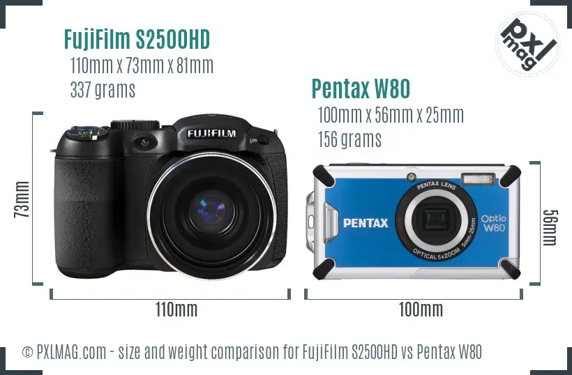 FujiFilm S2500HD vs Pentax W80 size comparison