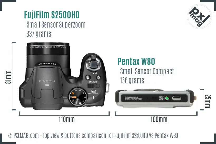 FujiFilm S2500HD vs Pentax W80 top view buttons comparison