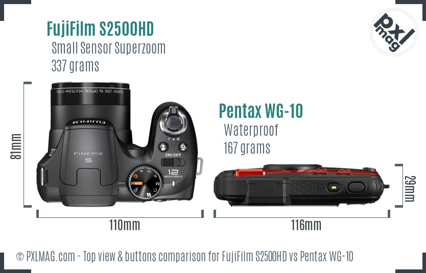 FujiFilm S2500HD vs Pentax WG-10 top view buttons comparison