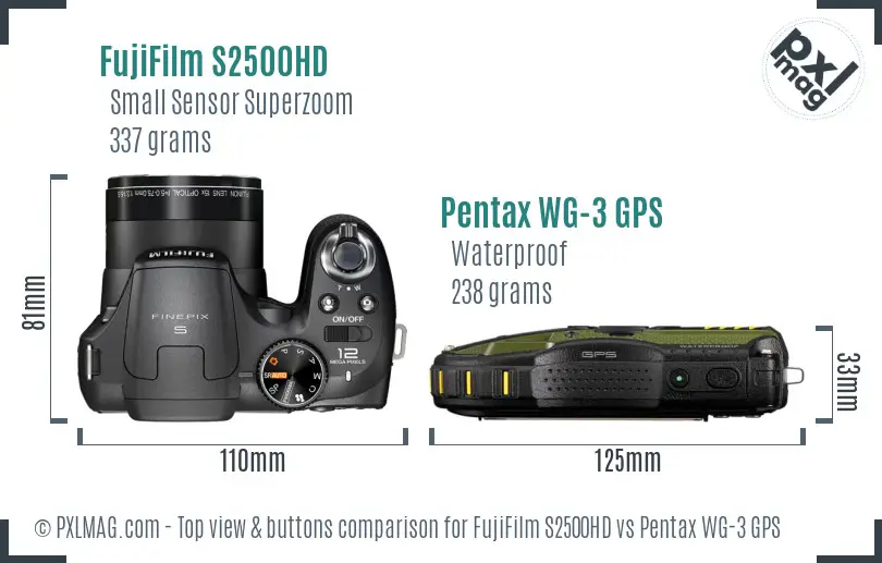 FujiFilm S2500HD vs Pentax WG-3 GPS top view buttons comparison