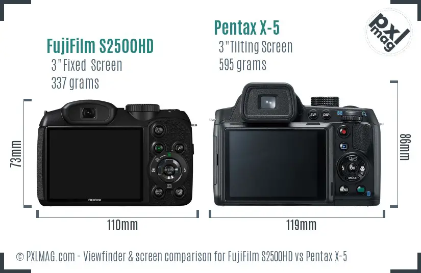 FujiFilm S2500HD vs Pentax X-5 Screen and Viewfinder comparison